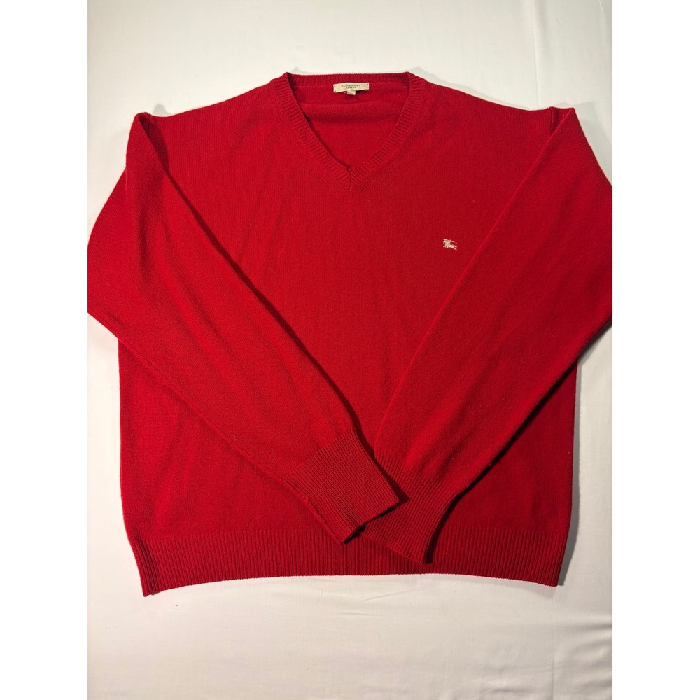 Burberry London Red V-Neck Lambswool Sweater Mens XL Embroidered Logo Italy